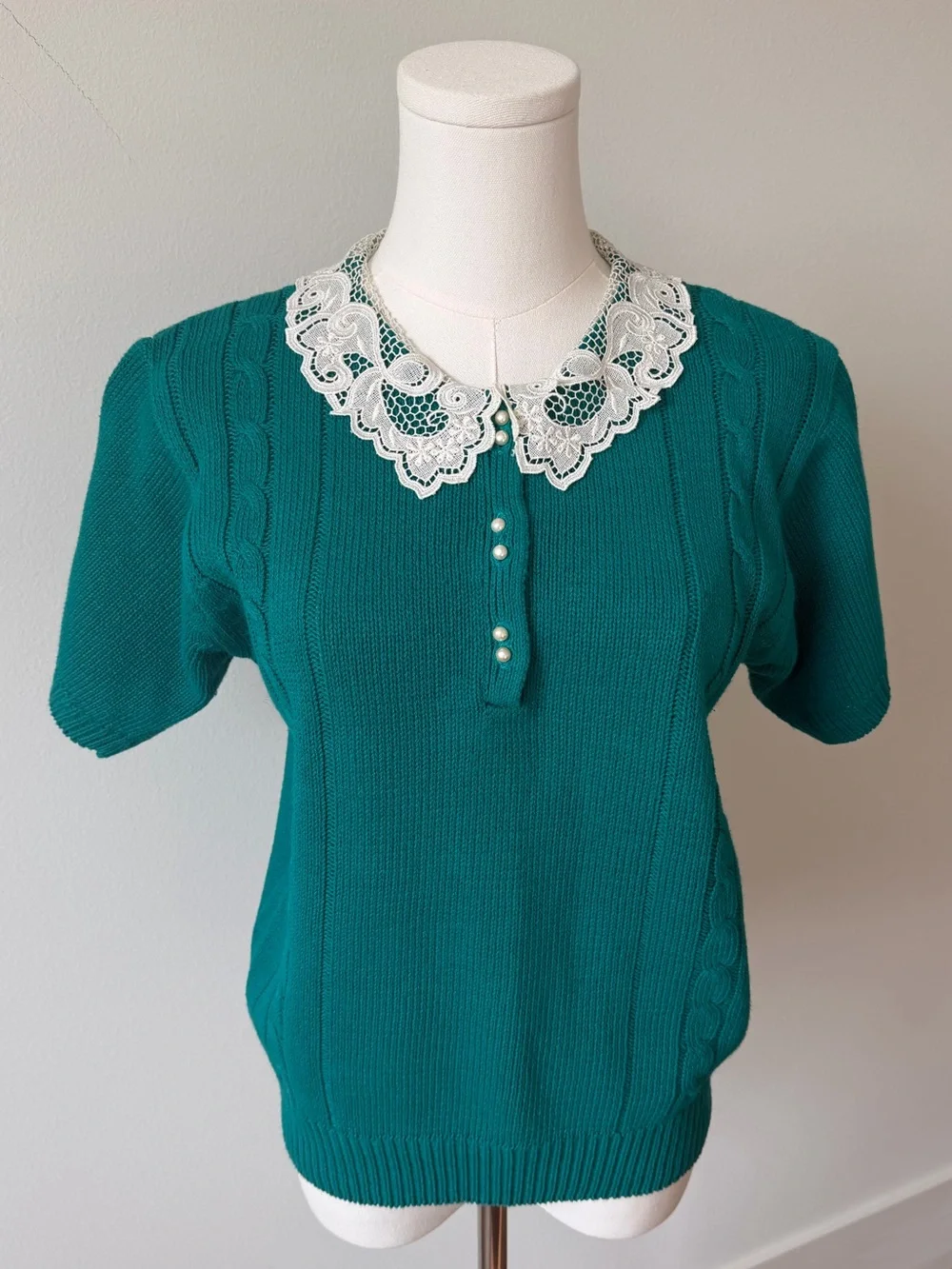 Vintage Teal Knit Top with White Lace Collar - Picture 2 of 5